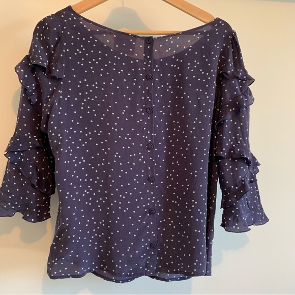 Anthropologie Maeve Navy Ruffle Sleeve Blouse Silk - Picture 3 of 7